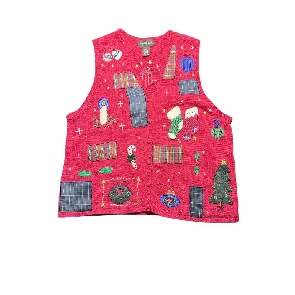 Vintage Hampshire studio cotton ramie red holiday Christmas sweater vest plus 2X